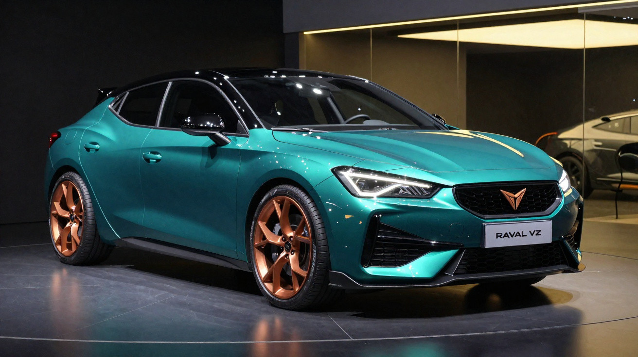 Carro esportivo Cupra Raval VZ verde com teto preto e rodas em tom bronze exposto em showroom.