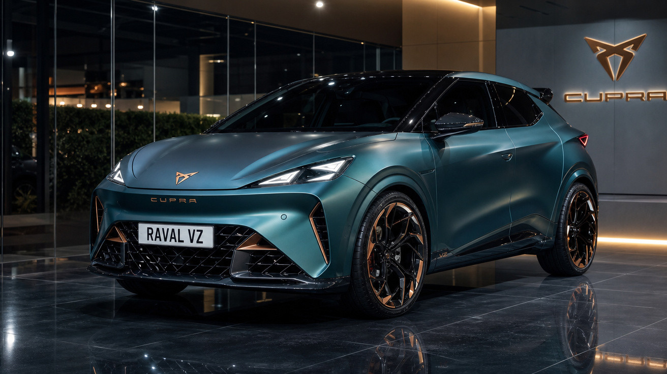 Carro elétrico Cupra Raval VZ azul fosco exposto em showroom moderno com iluminação ambiente.