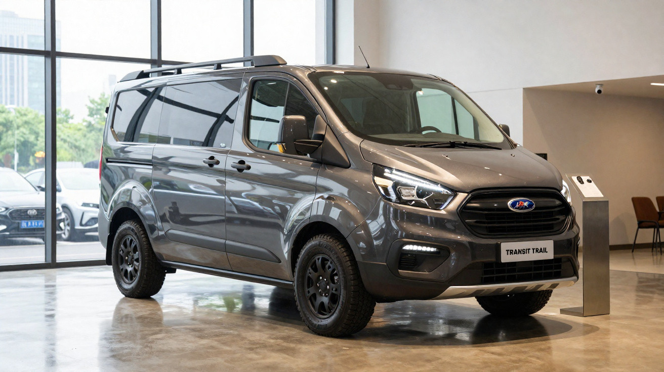 Van cinza Ford Transit Trail estacionada em showroom com piso brilhante e grandes janelas ao fundo.