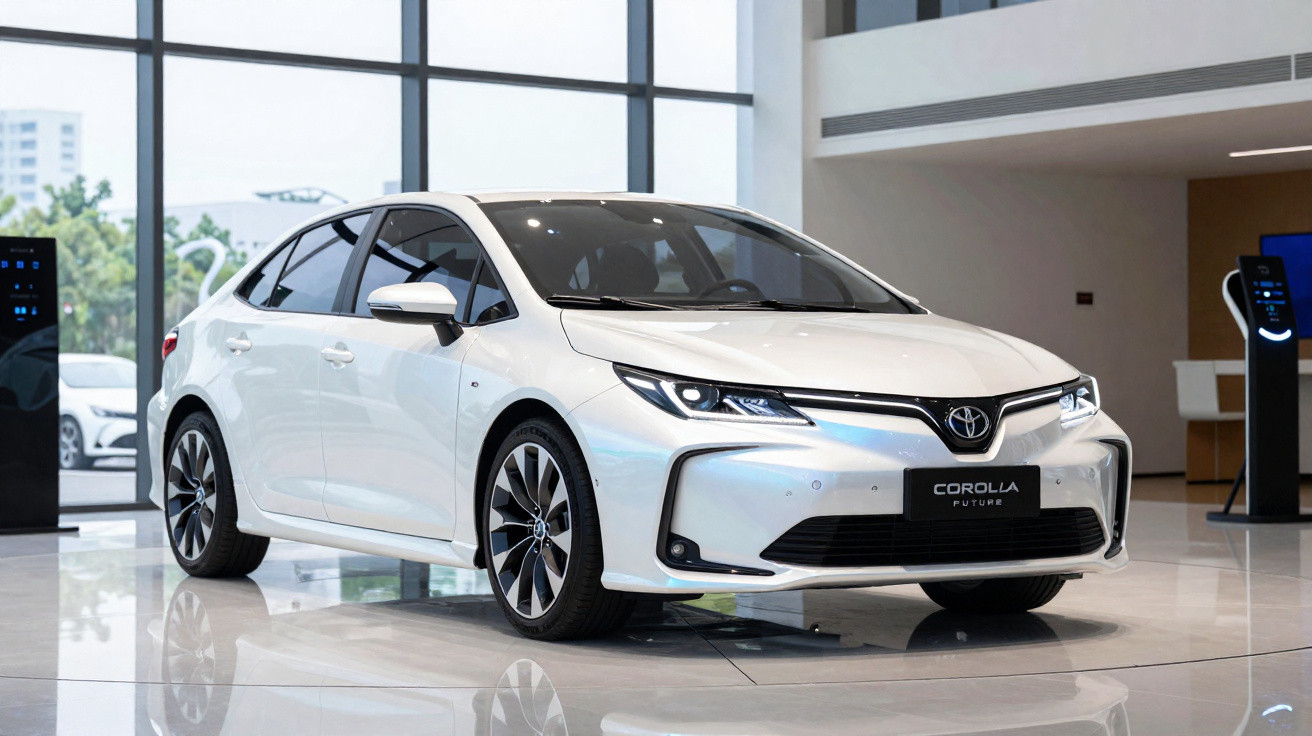 Carro Toyota Corolla branco em exposição dentro de salão moderno e iluminado.