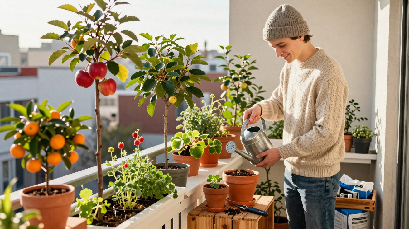 Jovem regando plantas e flores em vasos no varal de apartamento em dia ensolarado.