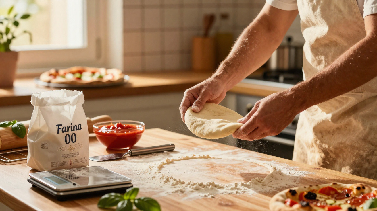 Pessoa abrindo massa de pizza na bancada da cozinha com farinha, molho de tomate e pizzas ao fundo.