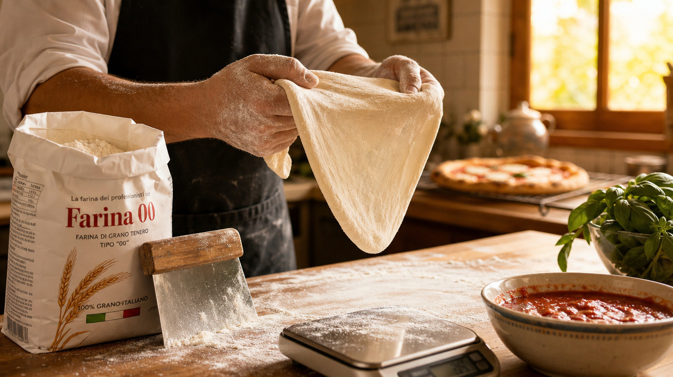 Pessoa esticando massa de pizza em cozinha rústica com farinha, molho e manjericão na mesa.