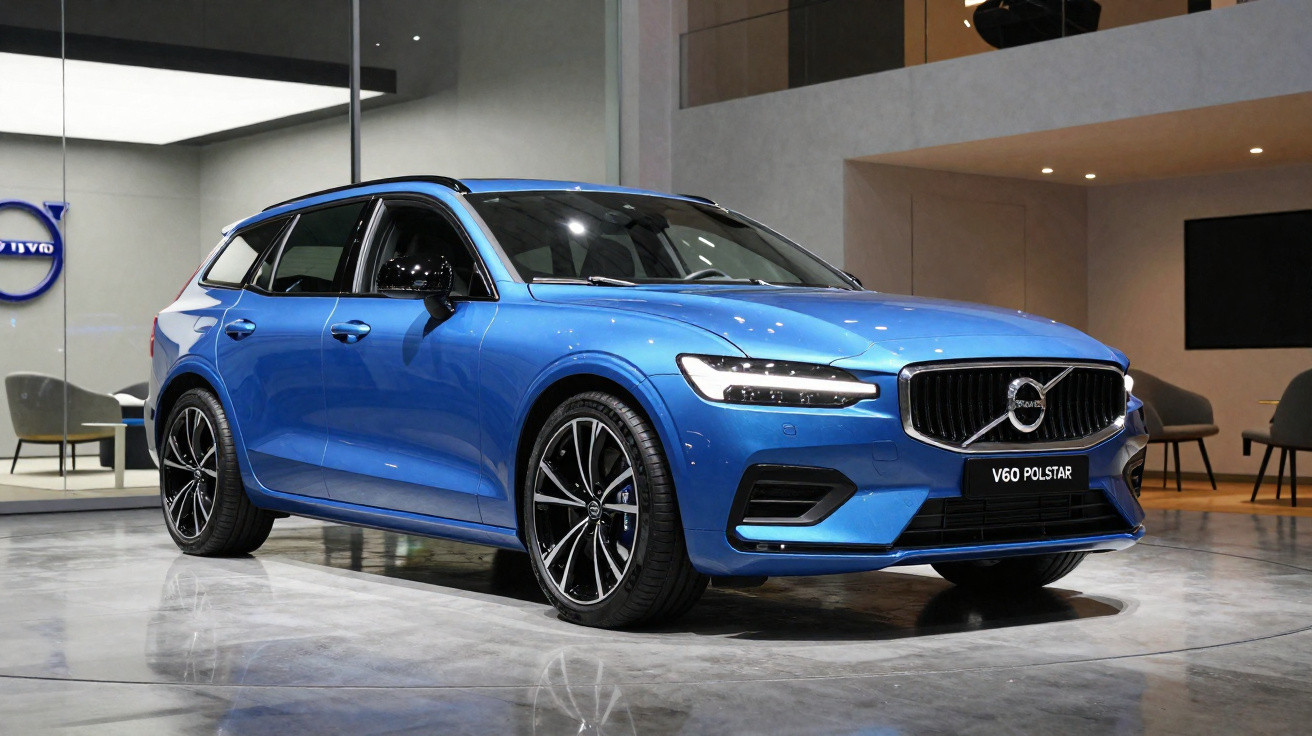 Carro Volvo V60 Polestar azul exposto em ambiente interno com iluminação moderna.
