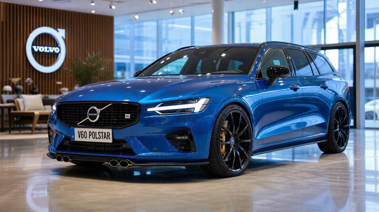 Carro Volvo V60 Polestar azul em showroom moderno com logo Volvo na parede de madeira.