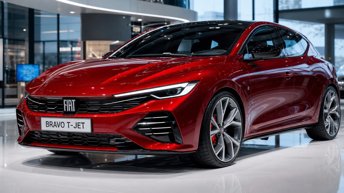 Carro esportivo Fiat Bravo T-Jet vermelho exibido em salão moderno com rodas grandes e design aerodinâmico.