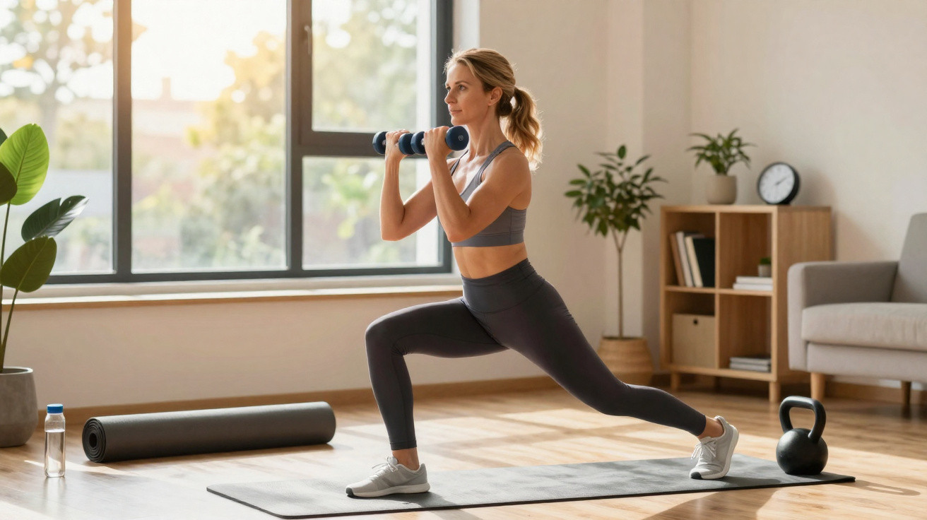 Mulher fazendo exercício com halteres em estúdio de yoga iluminado por janela grande.