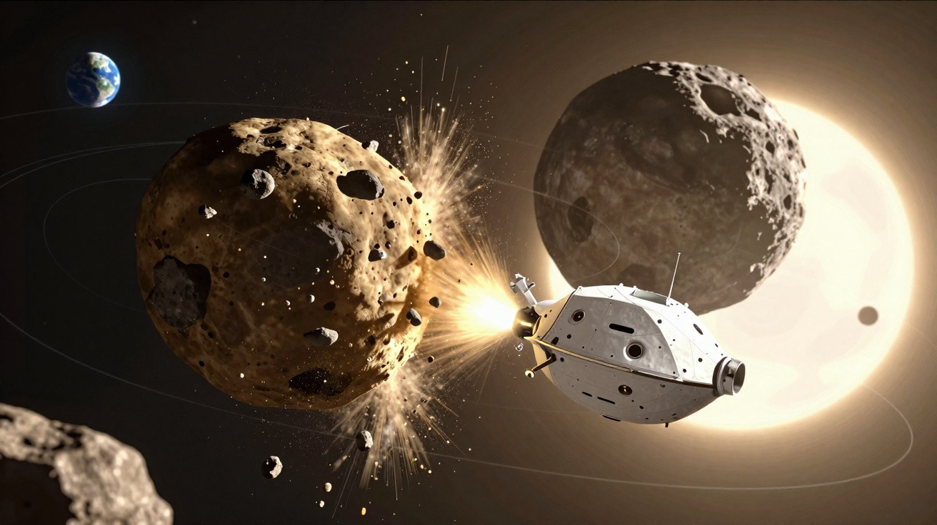 Nave espacial colidindo com asteroide próximo a outro asteroide e à Terra ao fundo no espaço.