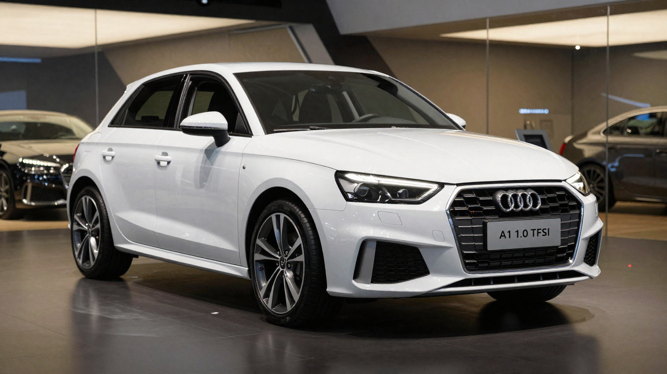 Carro Audi A1 branco modelo 1.0 TFSI exibido em showroom moderno com piso escuro e iluminação ambiental.