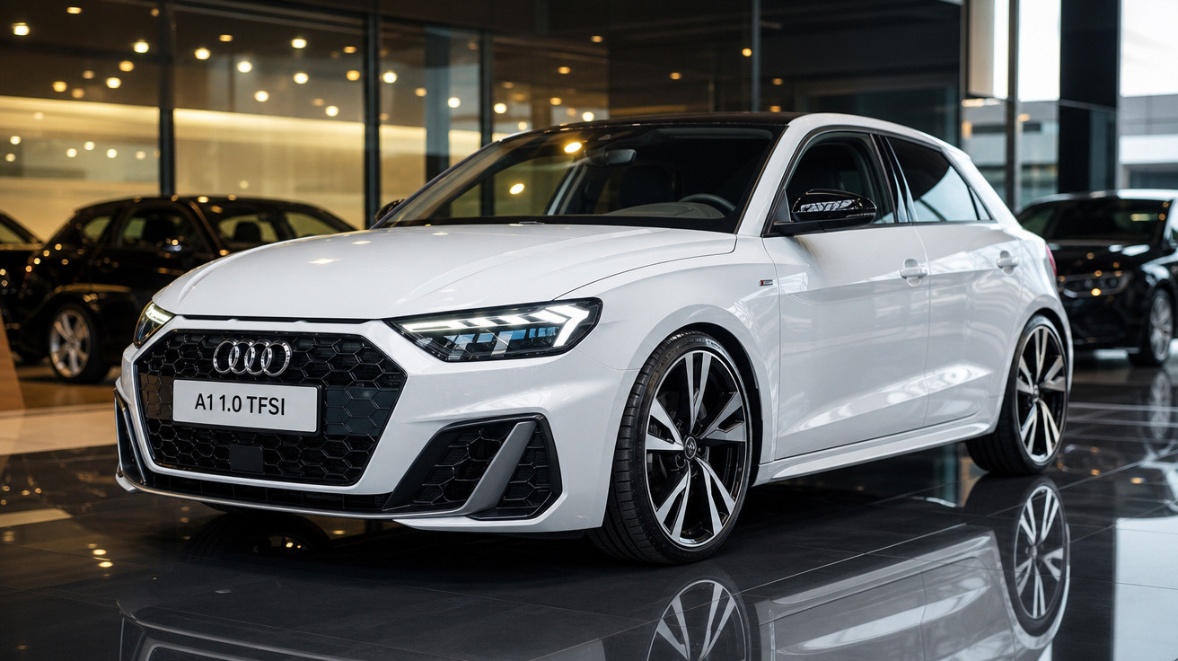 Carro branco Audi A1 1.0 TFSI exibido em showroom com piso brilhante refletindo o veículo.