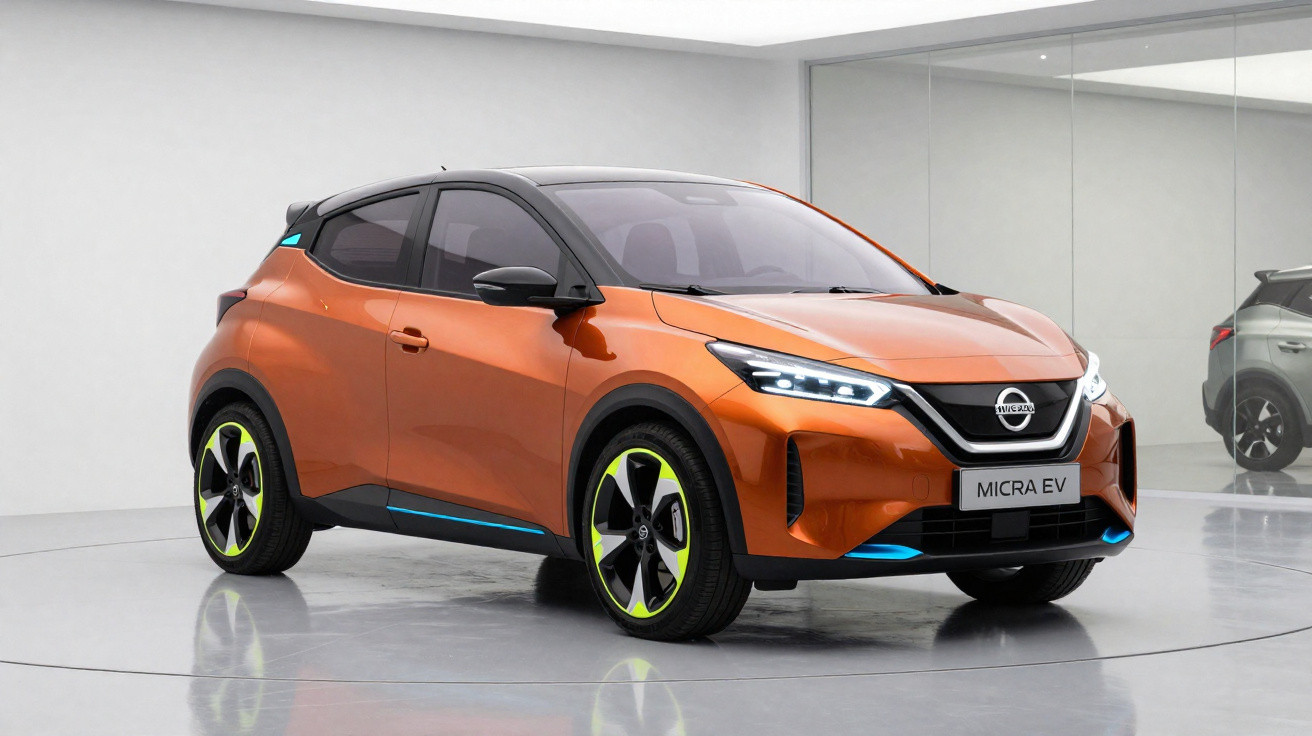 Carro elétrico Nissan Micra EV laranja com detalhes em azul em ambiente interno branco e espelhos.