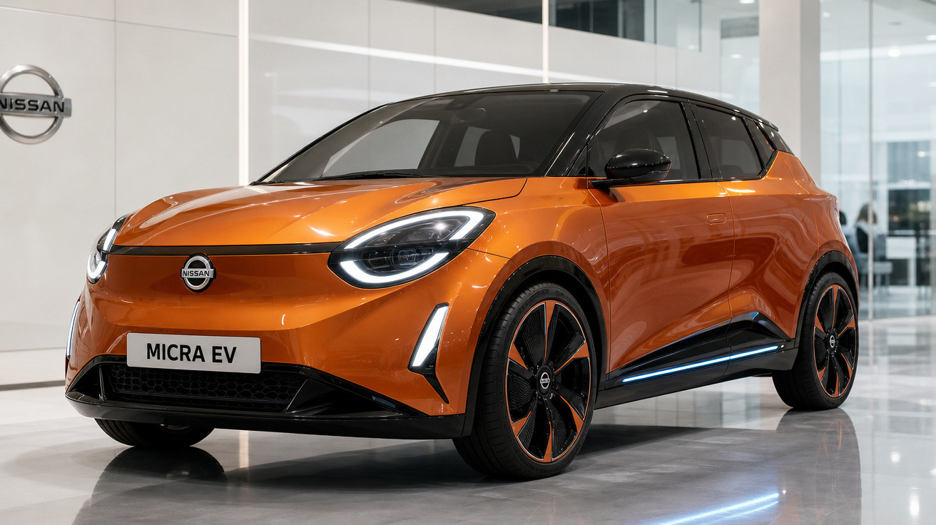 Carro elétrico Nissan Micra EV laranja em showroom moderno e iluminado.
