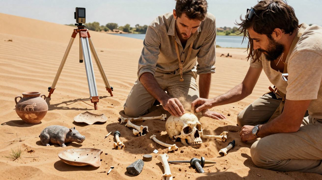 Dois arqueólogos escavando um crânio e ossos em uma área de deserto com equipamentos arqueológicos.