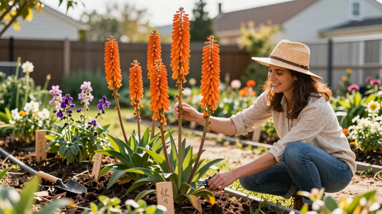Mulher sorridente com chapéu cuidando de flores laranja em jardim ensolarado.