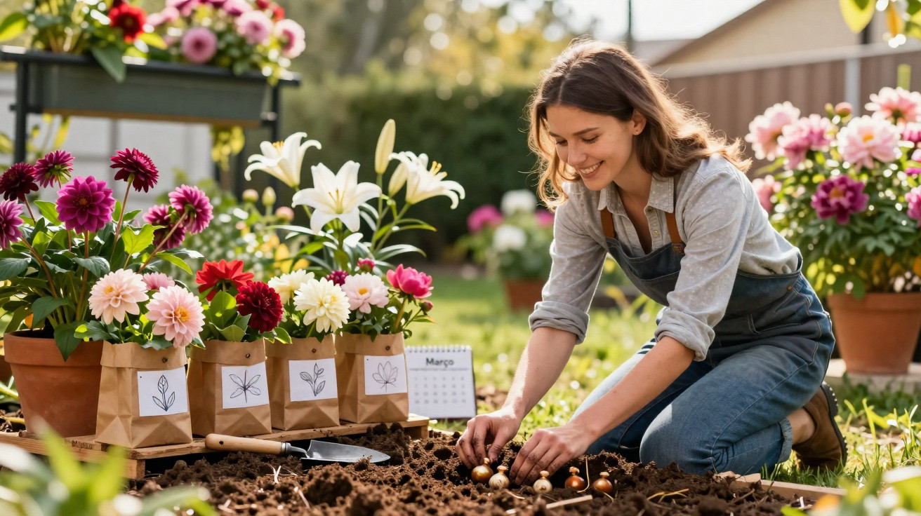 Mulher sorridente plantando bulbos em jardim cercado por flores coloridas em vasos.