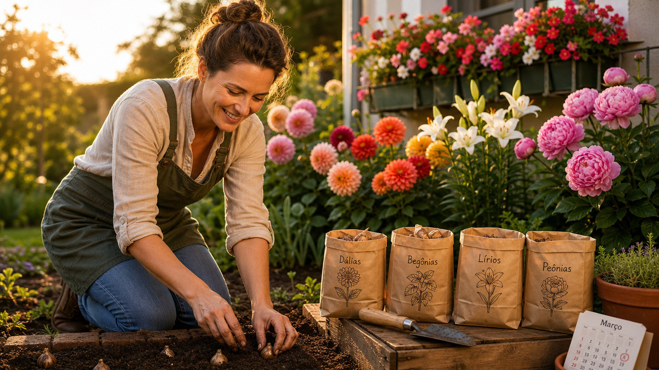 Mulher sorridente plantando bulbos no jardim ao pôr do sol, com flores e pacotes de sementes ao lado.