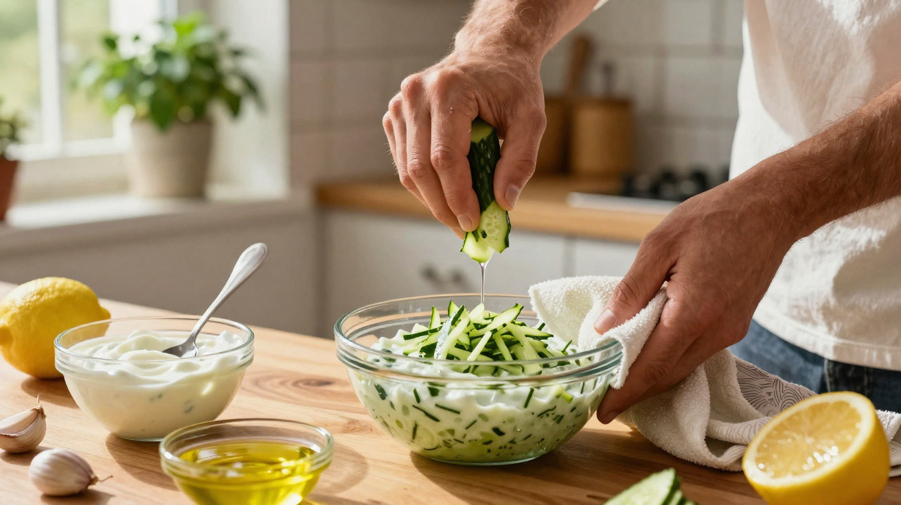 Pessoa espremendo pepino sobre tigela com mistura cremosa em bancada de cozinha iluminada.