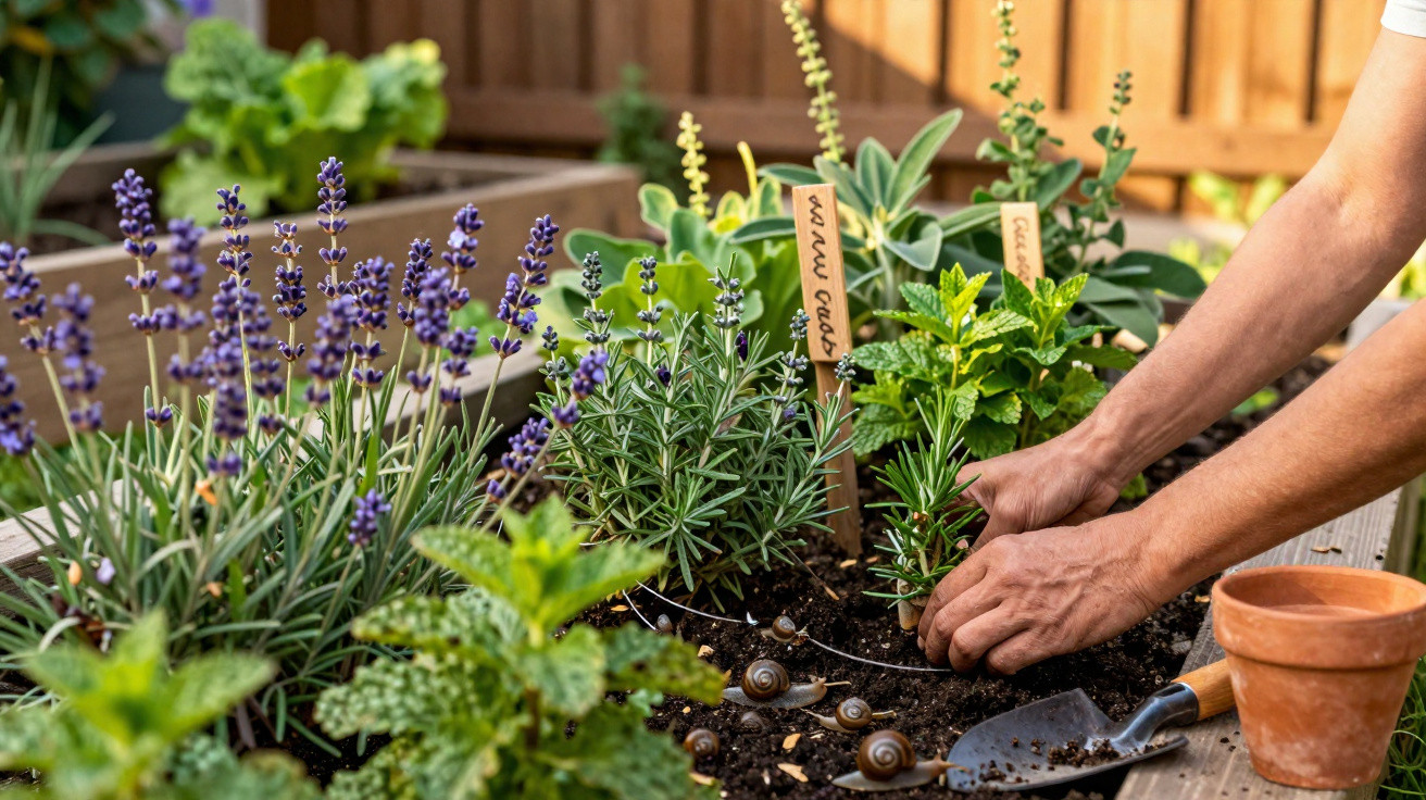 Mãos plantando ervas em jardim elevado com lavanda, manjericão e caracóis no solo ensolarado.
