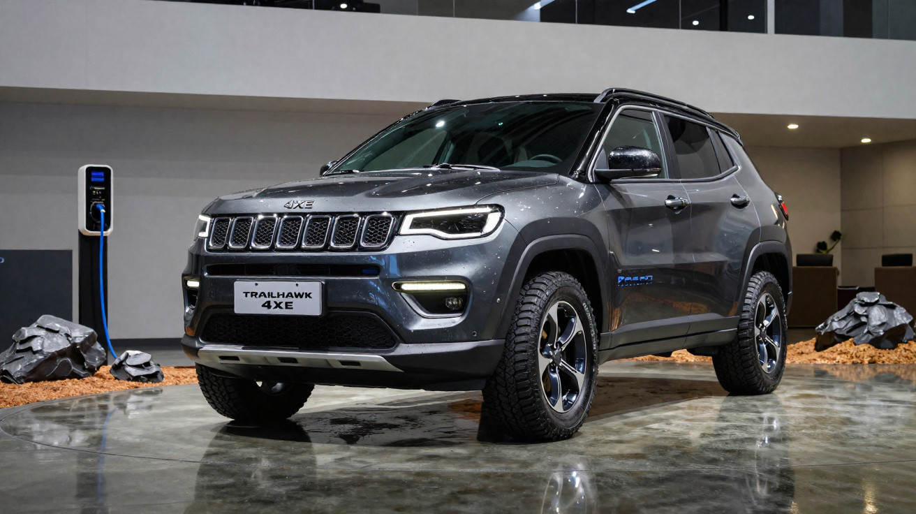 SUV Jeep Trailhawk 4xe cinza estacionado em ambiente interno, ao lado de ponto de recarga elétrica.