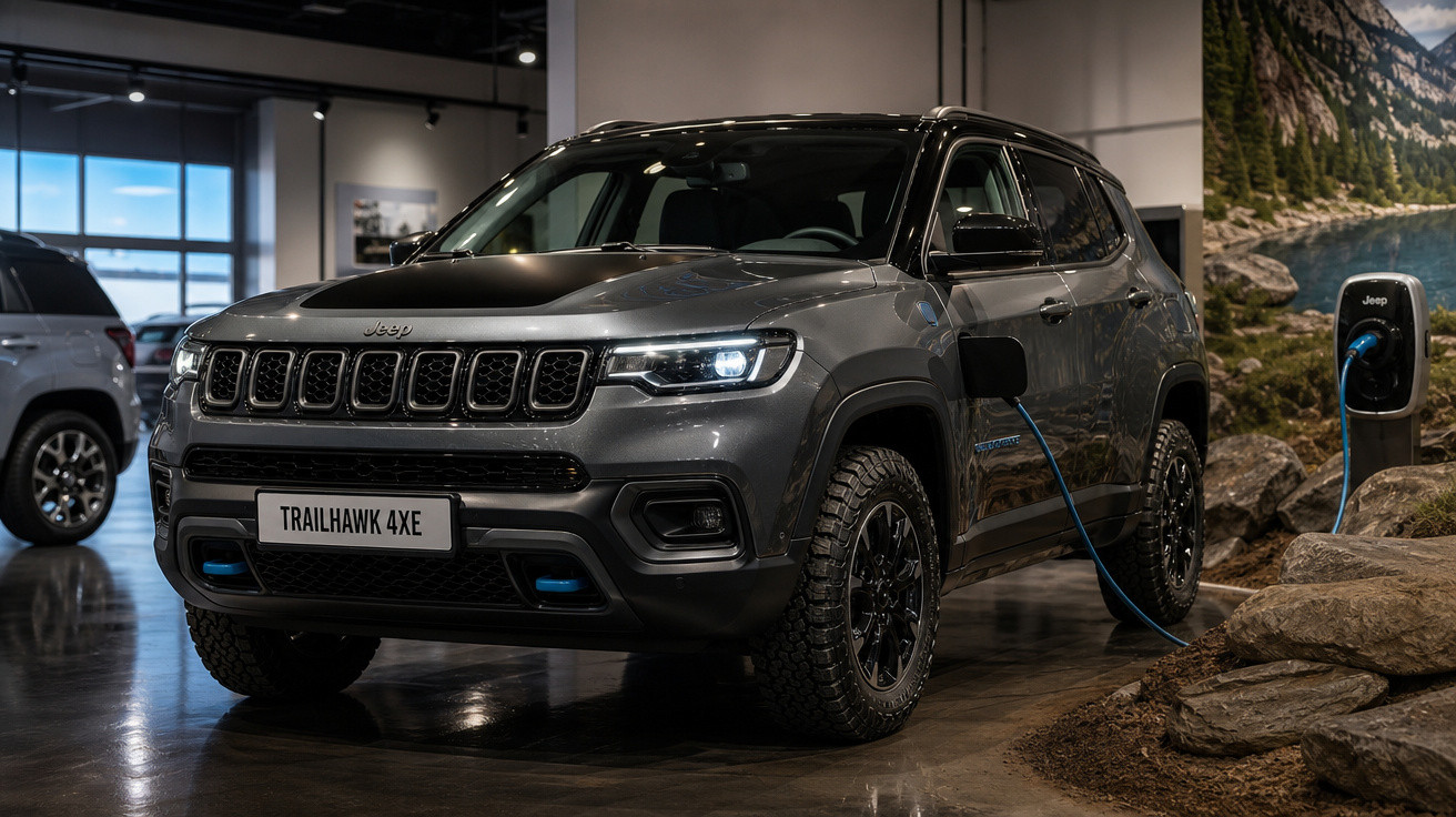 SUV Jeep Trailhawk 4xe cinza estacionado e carregando em estação elétrica interna.