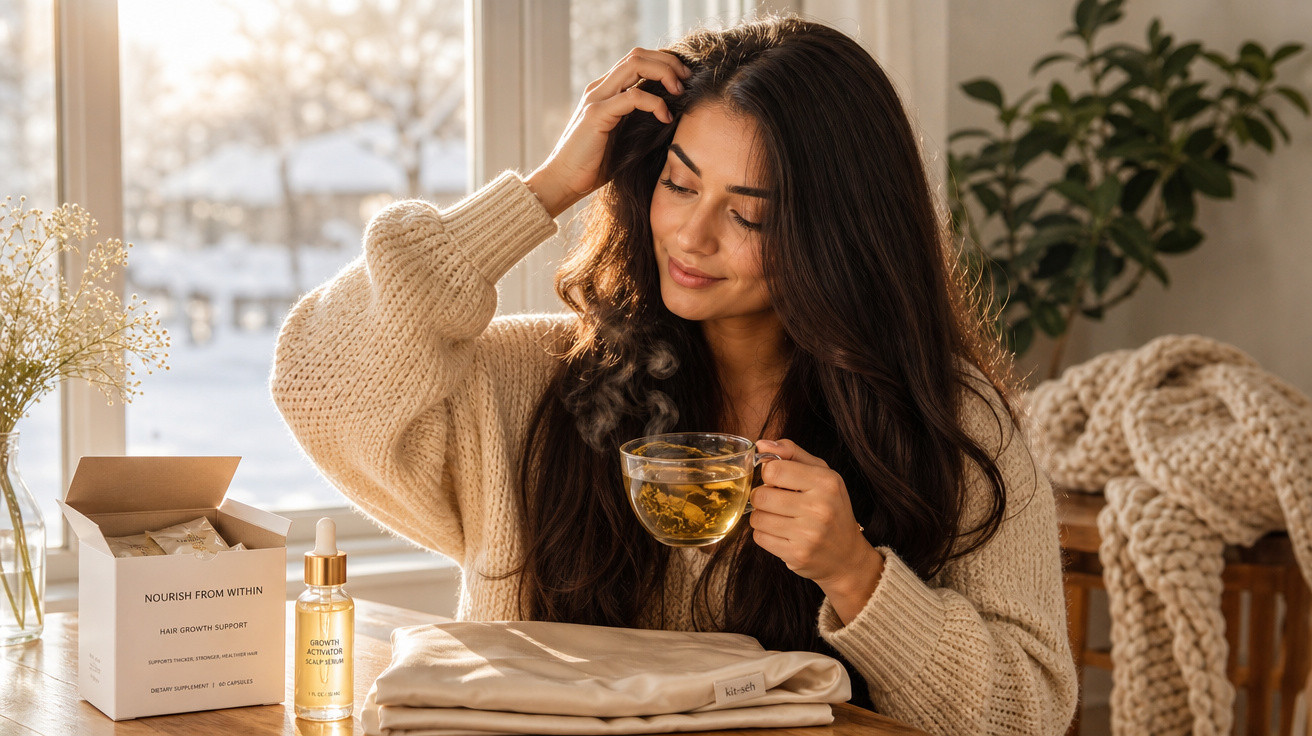 Mulher com suéter bege segura xícara de chá quente sentada à mesa com produtos de cuidado capilar.
