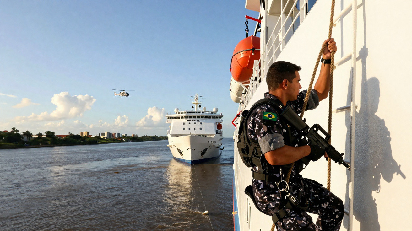 Policial militar brasileiro armado escala corda na lateral de navio em ambiente aquático.