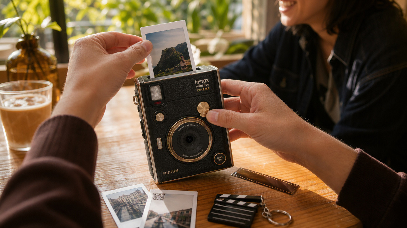 Mãos segurando uma câmera instantânea preta com fotos impressas em mesa de madeira, com pessoa ao fundo sorrindo.