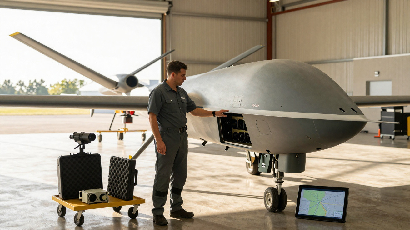 Homem em uniforme técnico inspeciona drone militar grande em hangar com equipamentos próximos e tela no chão.
