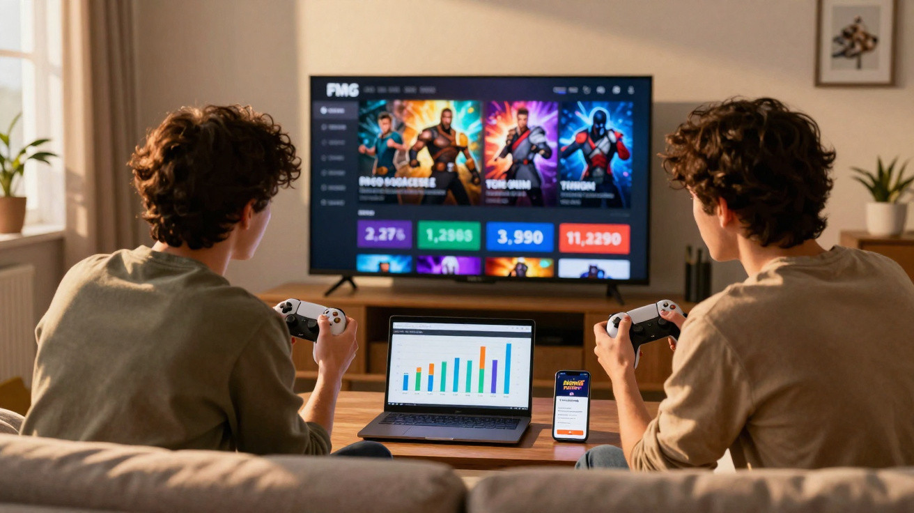 Dois jovens sentados no sofá jogando videogame, com laptop e celular exibindo gráficos à frente.