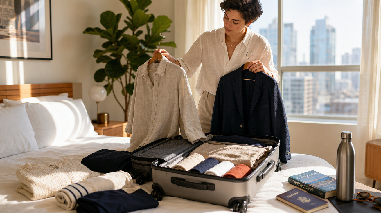 Pessoa organizando roupas em mala aberta sobre cama em quarto com janela grande e vista urbana.