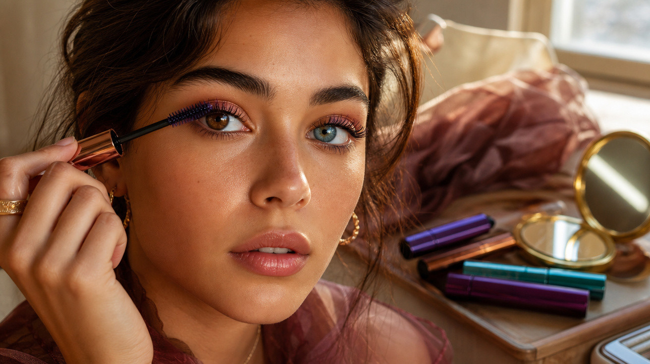 Mulher com olhos de cores diferentes aplica máscara de cílios, com produtos de maquiagem ao fundo em mesa.
