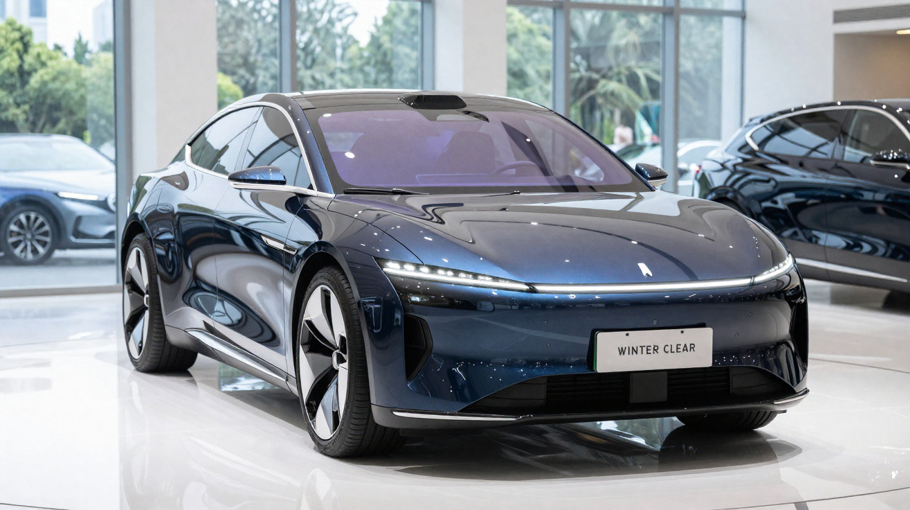 Carro elétrico azul escuro com design futurista em exposição dentro de showroom moderno com piso branco.