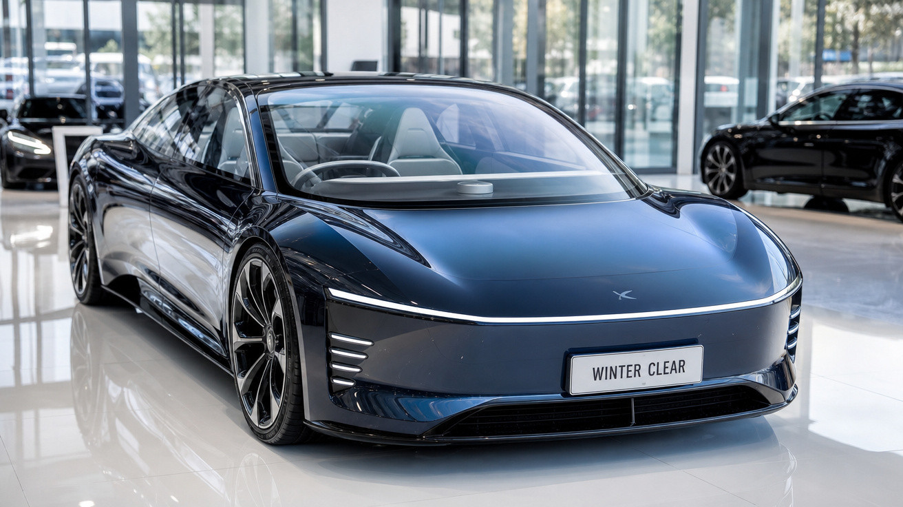 Carro elétrico esportivo preto com design futurista em showroom moderno e iluminação natural.