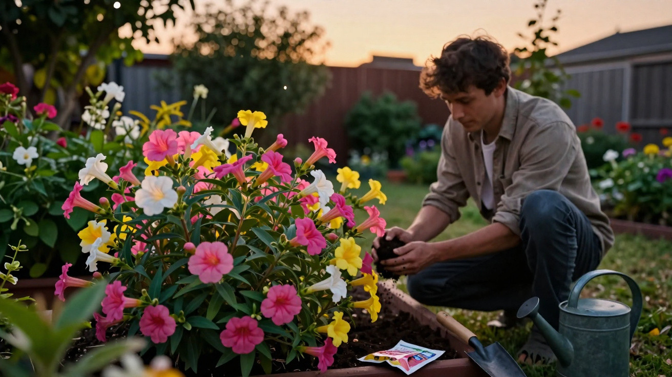 Homem jardineiro cultivando flores coloridas em canteiro ao entardecer em área residencial.