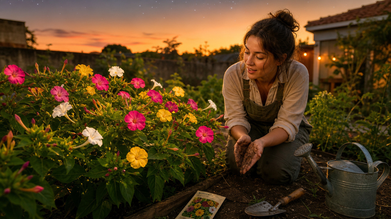 Mulher cuidando de flores coloridas em jardim ao pôr do sol, com regador e ferramentas ao lado.