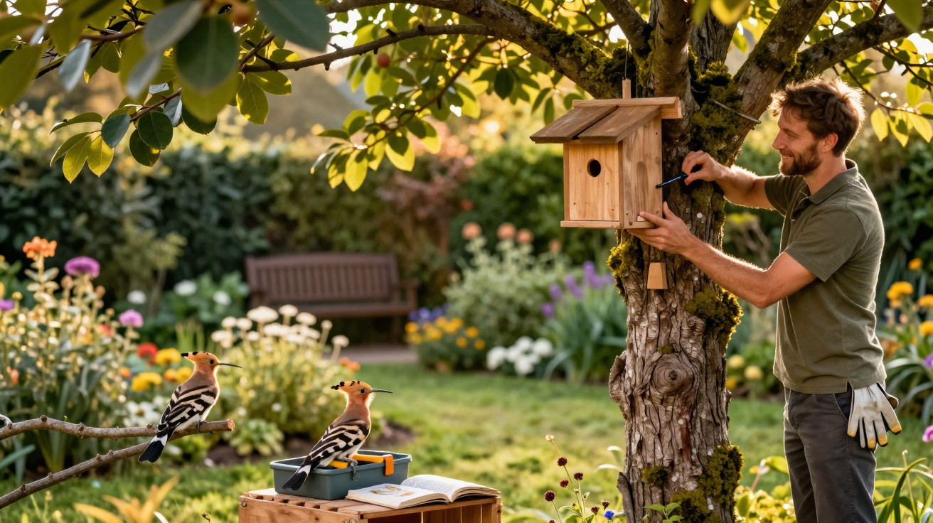 Homem instala casa de passarinho em árvore no jardim florido, com dois pássaros pousados em galho próximo.