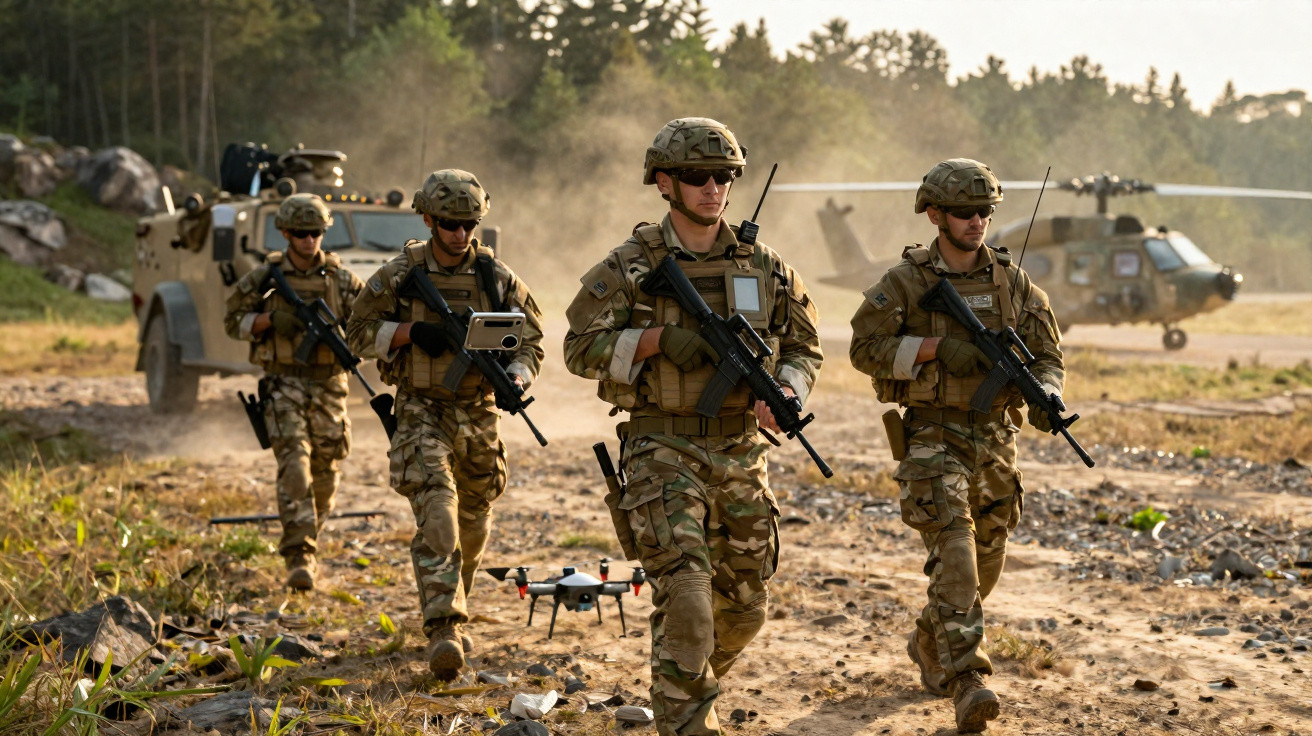 Soldados em uniforme camuflado caminhando em terreno irregular com drone no chão e helicóptero ao fundo.
