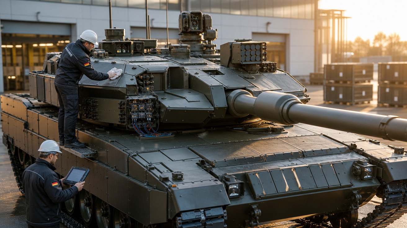 Técnicos com capacetes fazem manutenção e inspeção em tanque de guerra militar em ambiente industrial ao entardecer.