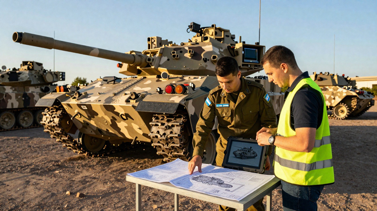Dois homens olhando plantas de tanques de guerra ao ar livre, com tanques camuflados ao fundo.