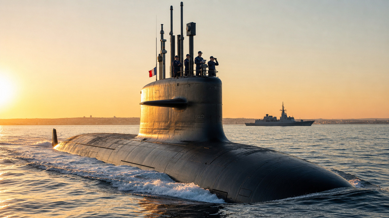 Submarino militar emergindo do mar ao pôr do sol com tripulação na parte superior e navio de guerra ao fundo.
