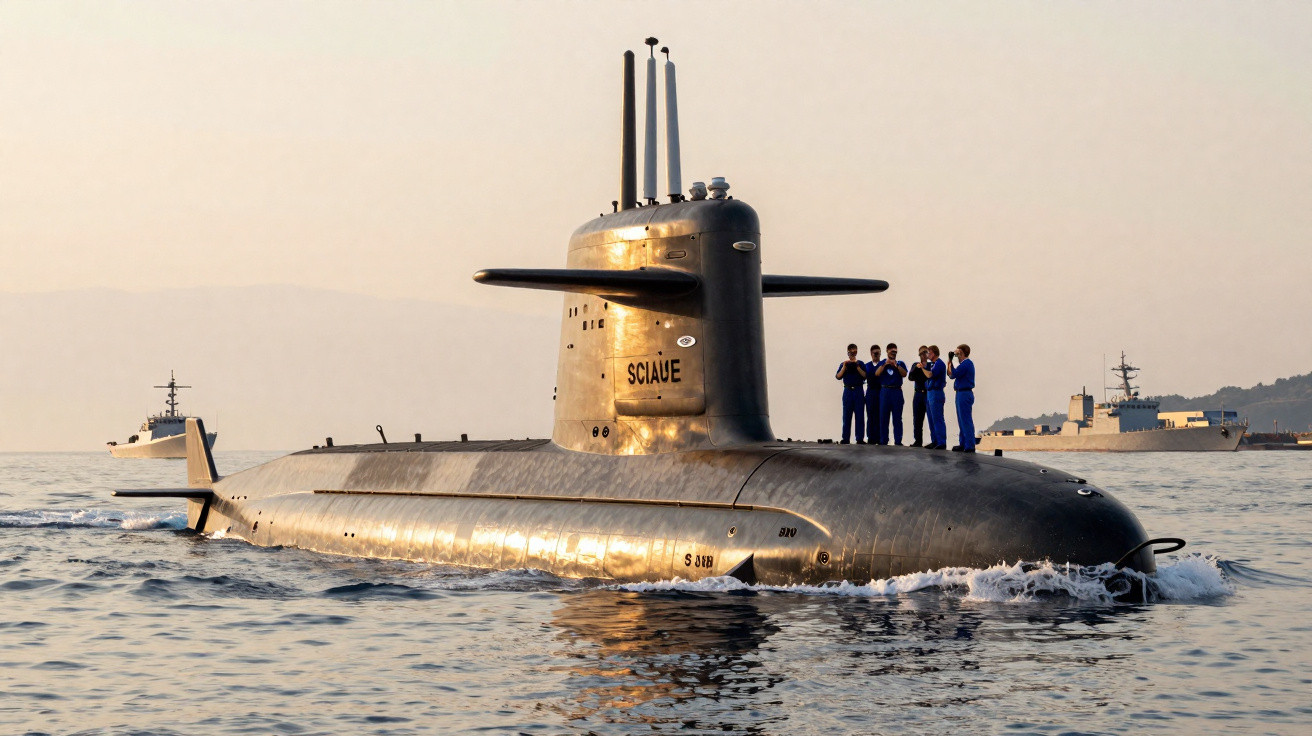 Submarino militar com tripulação vestida de azul navegando em mar calmo ao entardecer.