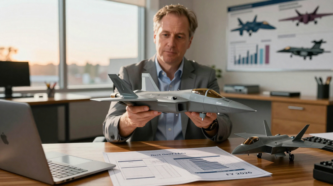 Homem de terno analisando maquete de avião de caça em escritório com gráficos ao fundo.