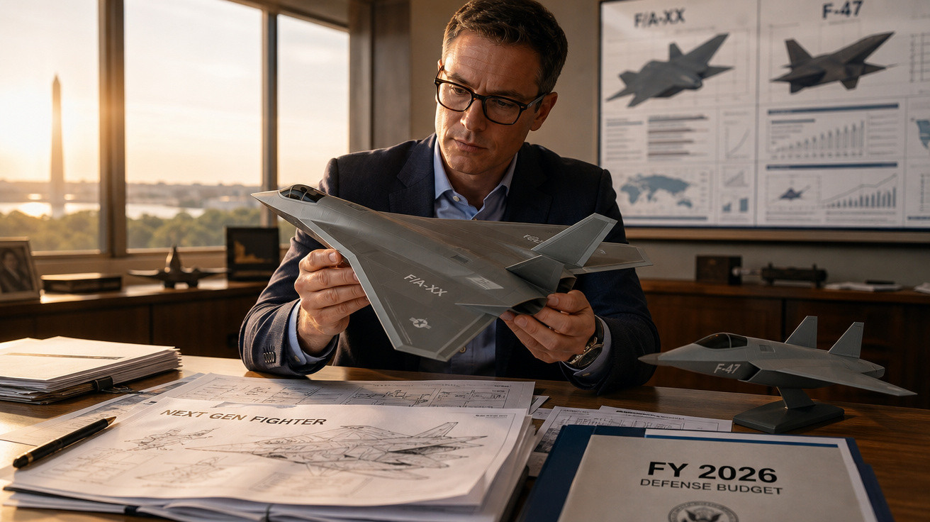 Homem em escritório analisa modelo de avião militar com plantas e gráficos sobre projetos de caças futuros.