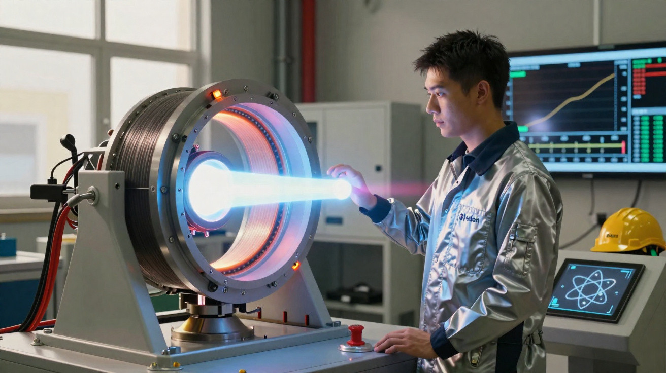 Homem em laboratório operando máquina futurista que emite feixe de luz azul intensa.