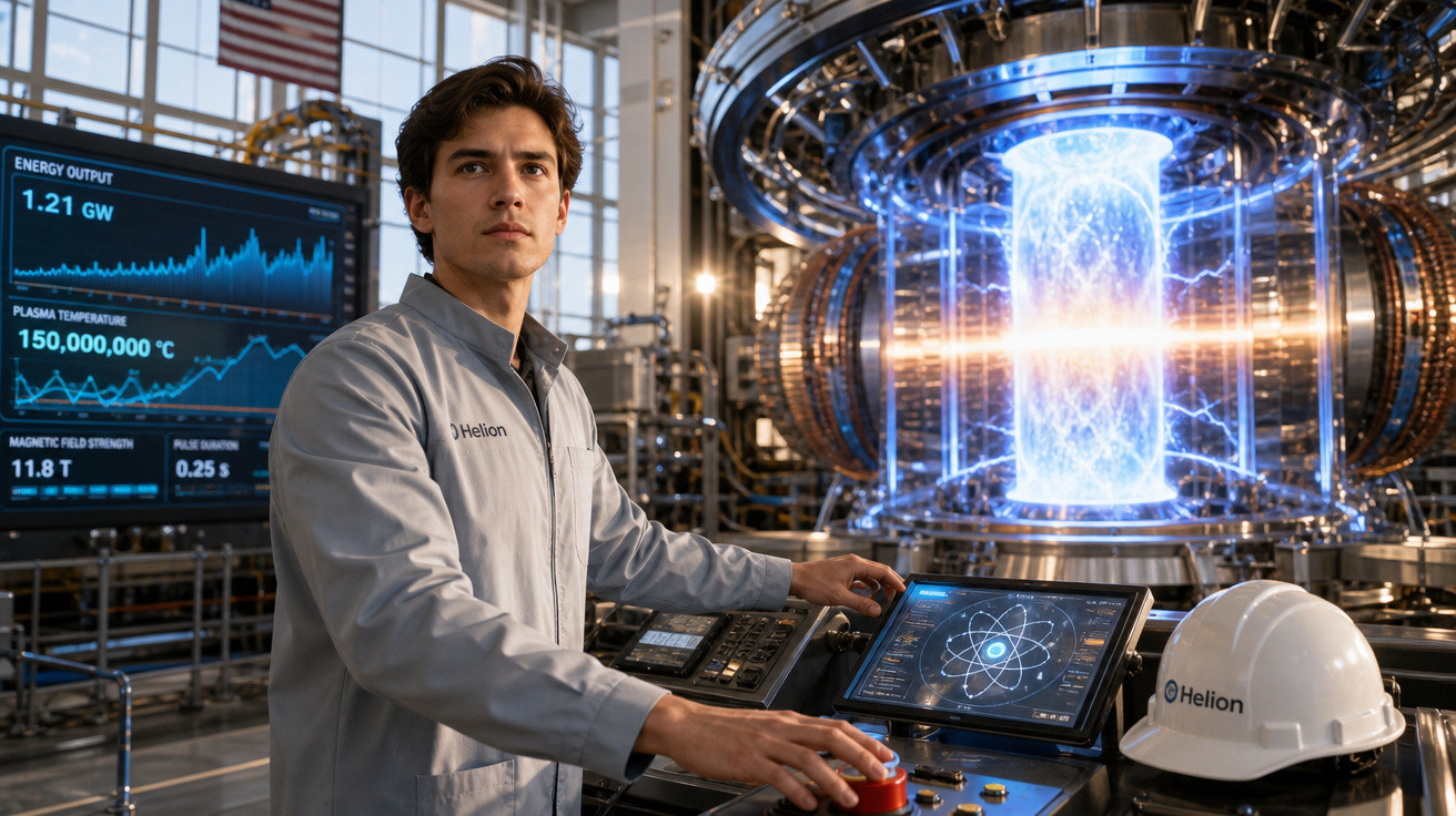 Homem em jaleco controla máquina futurística com visor de dados de energia e capacete de segurança ao lado.