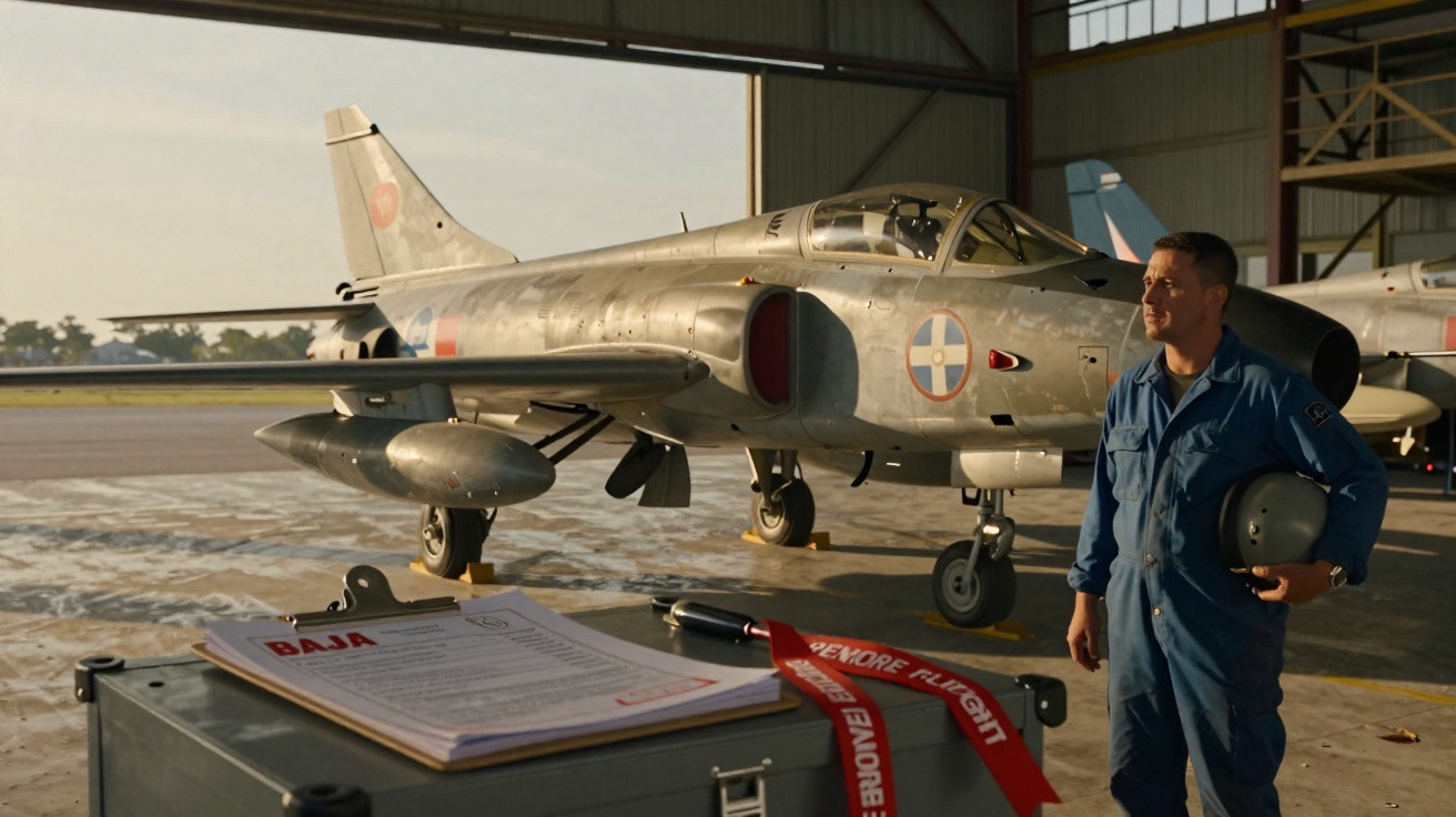 Avião de caça estacionado em hangar com piloto de macacão azul segurando capacete ao lado.