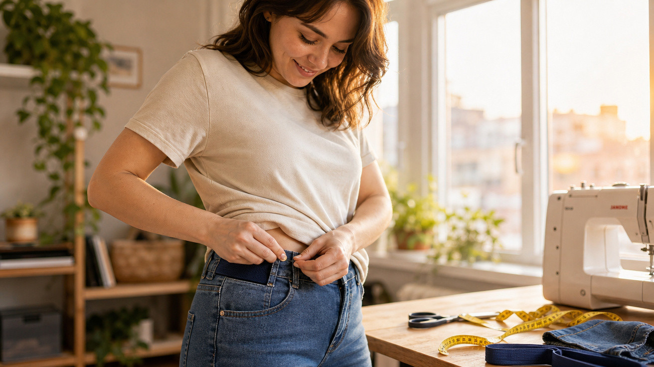 Mulher sorrindo experimenta calça jeans ao lado de máquina de costura e fita métrica sobre mesa.