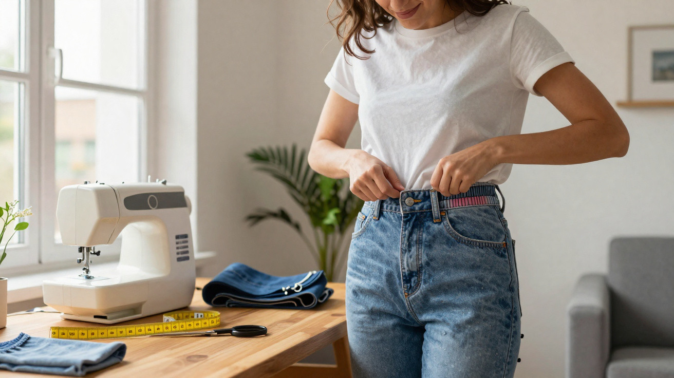 Mulher ajustando calça jeans com fita métrica na cintura em ambiente com máquina de costura.