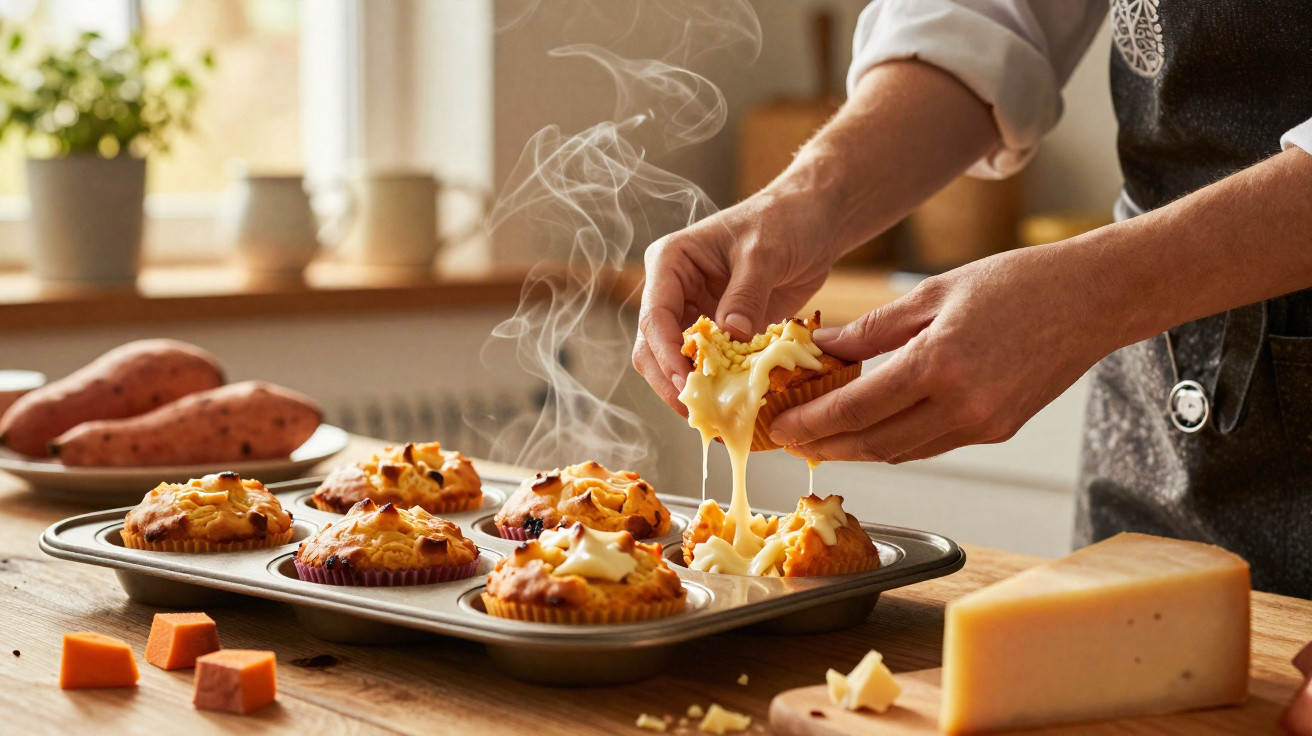 Pessoa segurando muffin quente com queijo derretido em forma de puro na cozinha iluminada natural.