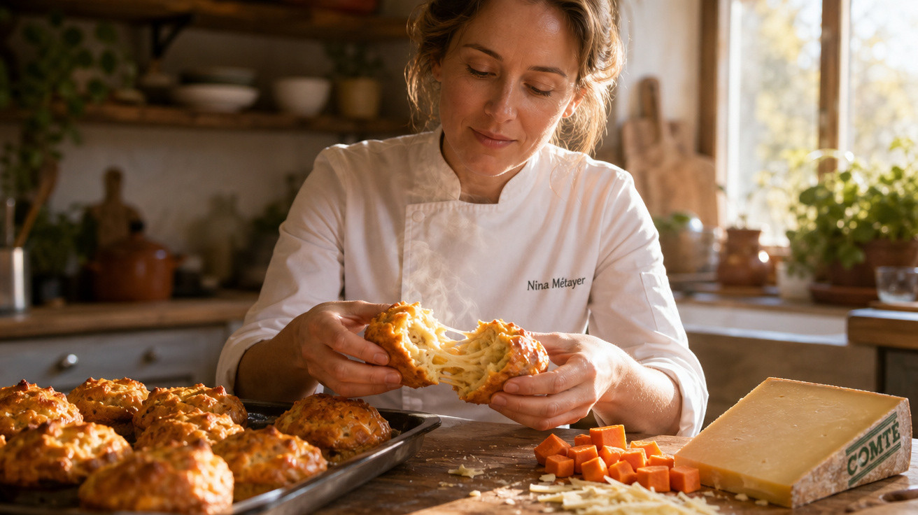 Mulher em cozinha rústica parte pão de queijo com queijo derretido e cubos de queijo ao lado.